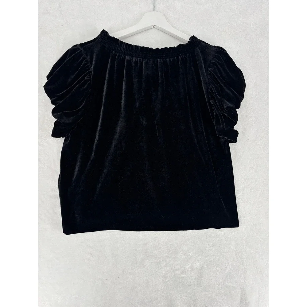 Free People Velvet Top Size L Black Smocked Puff Sleeve‎ Tie Neck Boho